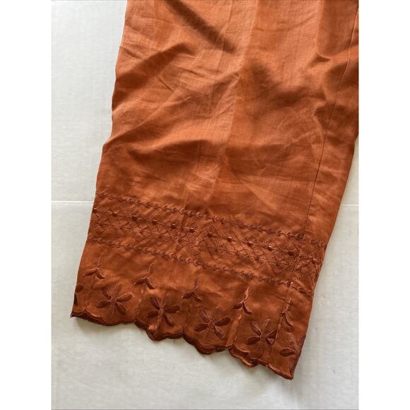 VTG 80s 90s Lino USA Orange Floral Decorated 100% Linen Pants Medium Summer - Picture 2 of 7